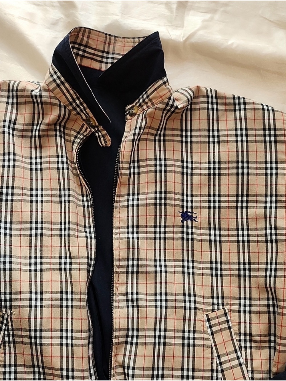 Burberry Beige Plaid Bomber Jacket with Black Trim - Picture 2 of 7